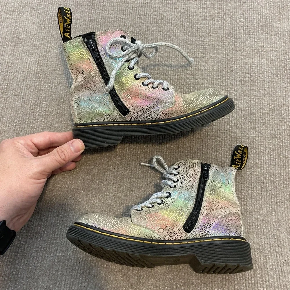 Dr. Martens 1460 Pascal J Boots Kids Size 12 Silver Glitter Rainbow Combat Zip‎